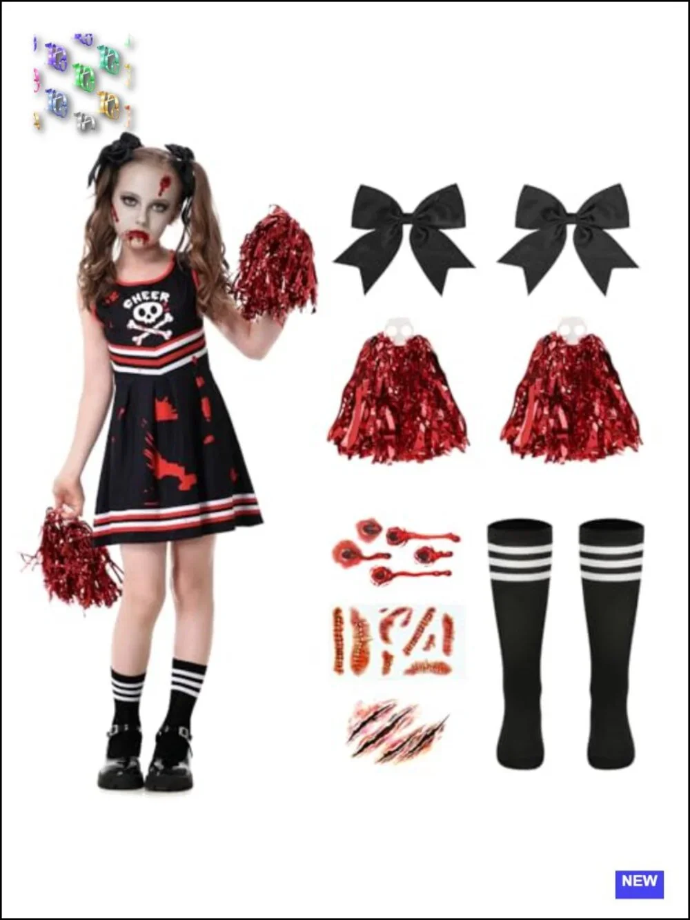 Toddler Girls Zombie Cheerleader Costume Set with Pom Poms Halloween